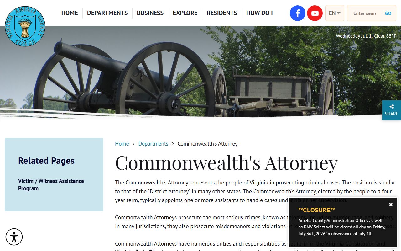 Amelia County Commonwealth's Attorney page for charges after jail arrest