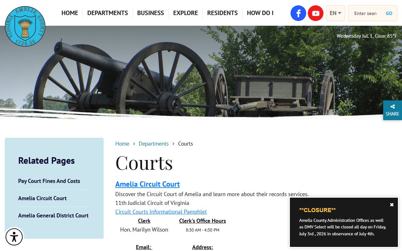 Amelia County courts page for court records after jail arrest