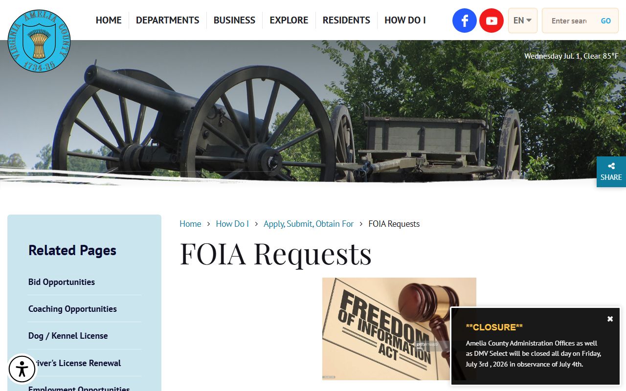 Amelia County FOIA page for jail inmate records requests