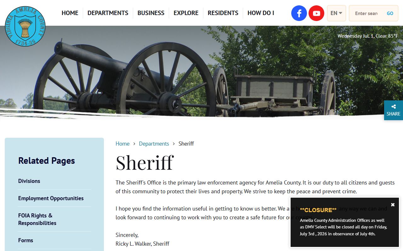Amelia County Sheriff's Office contact page for inmate records fallback