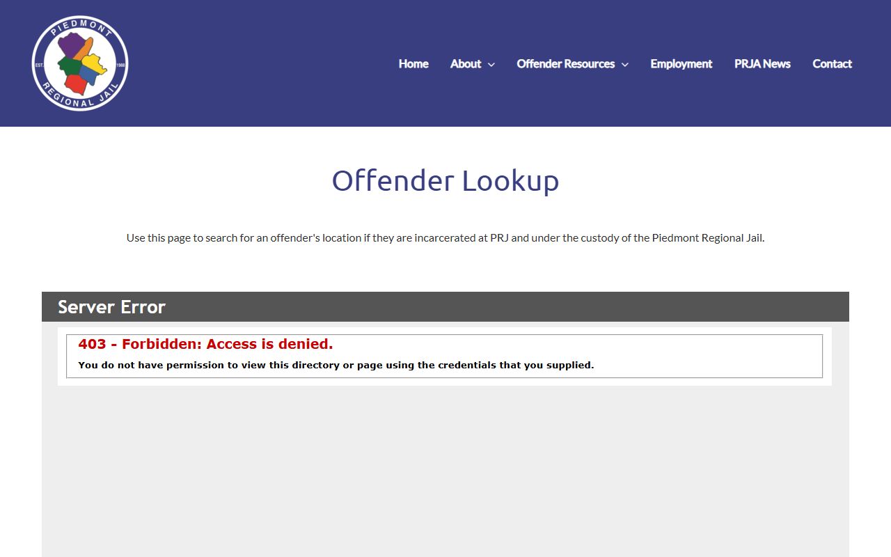 PRJ offender lookup page for Amelia County inmate roster searches