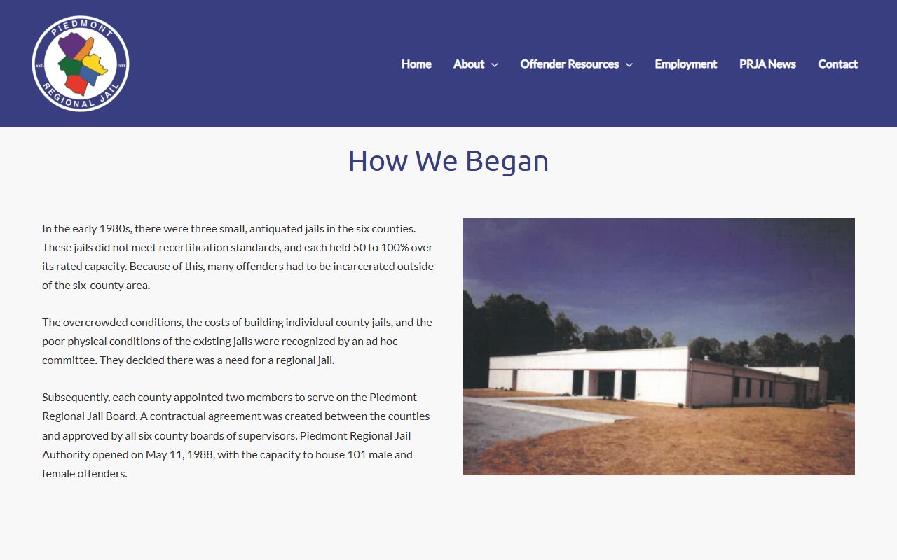 Piedmont Regional Jail about page showing facility history and capacity information