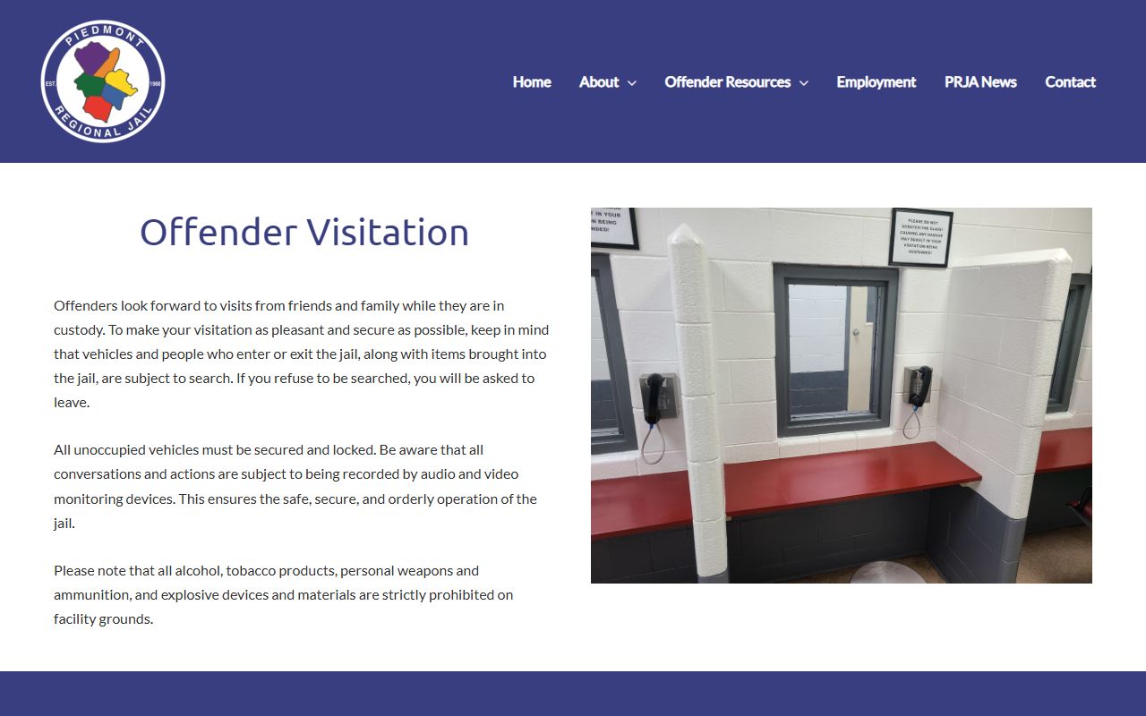 Piedmont Regional Jail visitation page with schedule and visitor rules