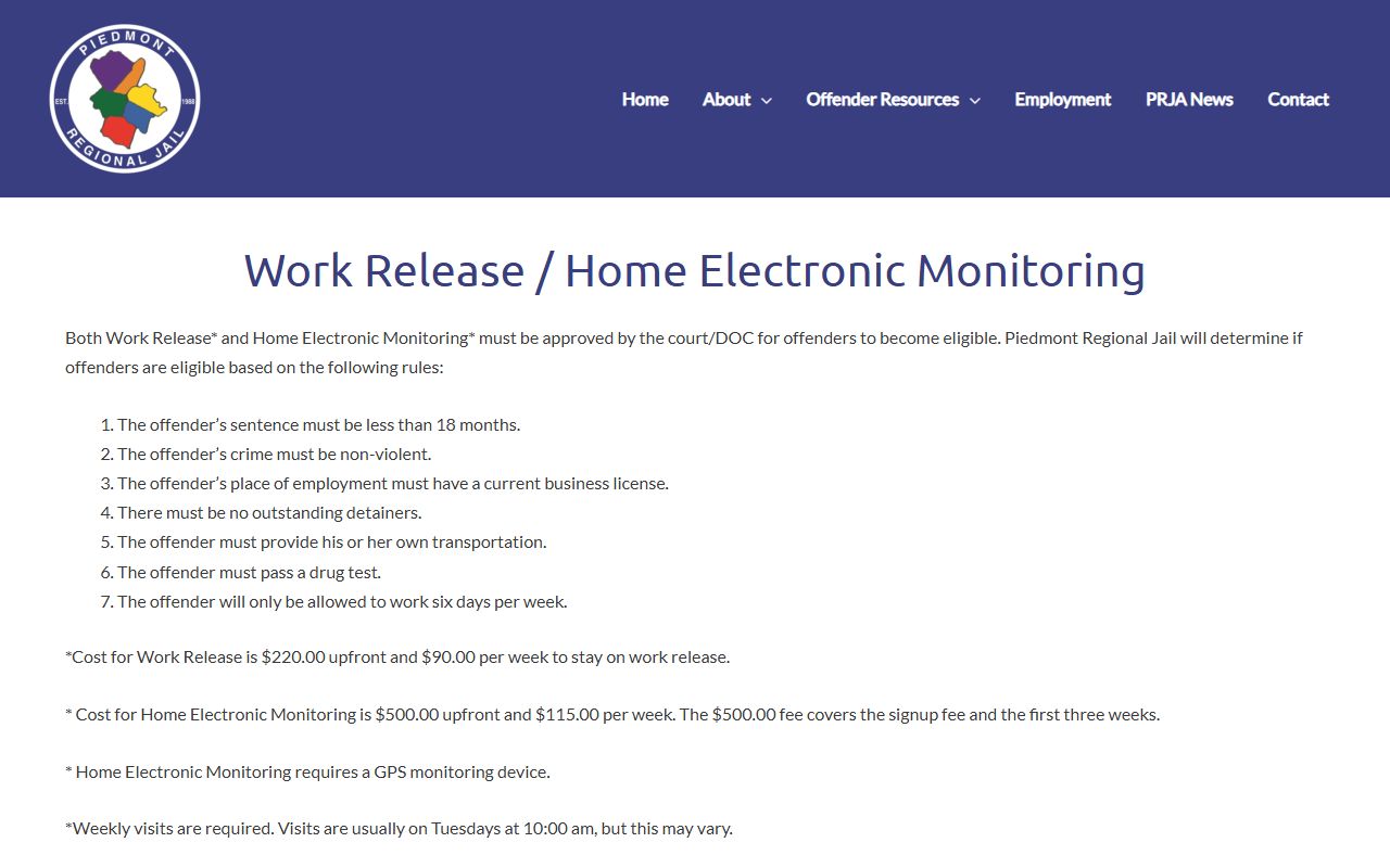 Piedmont Regional Jail work release and home electronic monitoring information