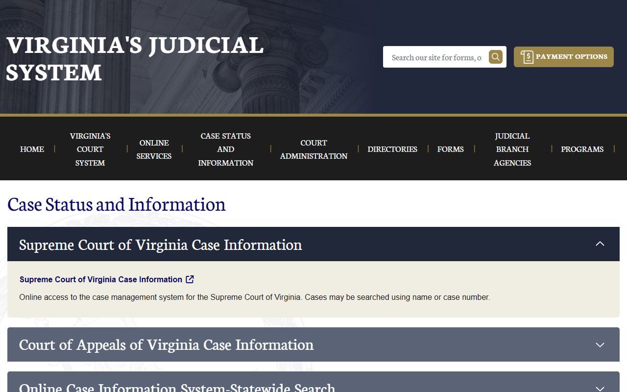 Virginia case-status portal for Amelia County court records after arrest